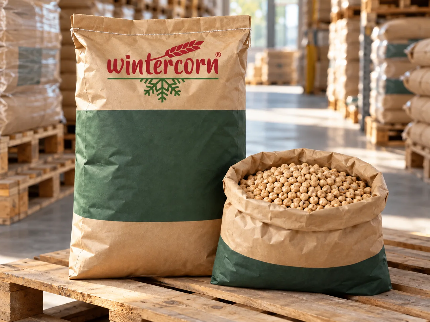 Visualisierung eines gebrandeten Wintercorn-Sacks mit Kichererbsen
