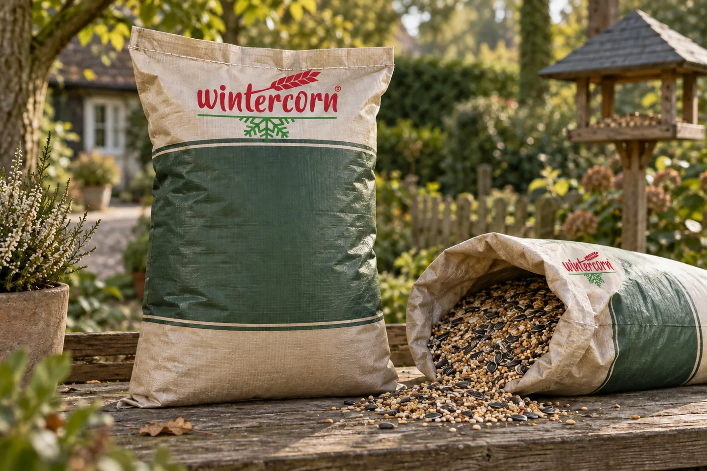 Gestaltungsvisualisierung eines Wintercorn-Vogelfuttersacks und eines geöffneten Sacks mit Saatenmischung im Garten