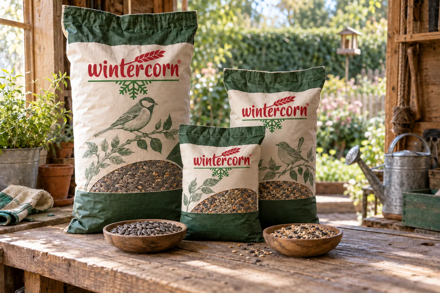 Visualisierung mehrerer gebrandeter Wintercorn-Vogelfuttersäcke